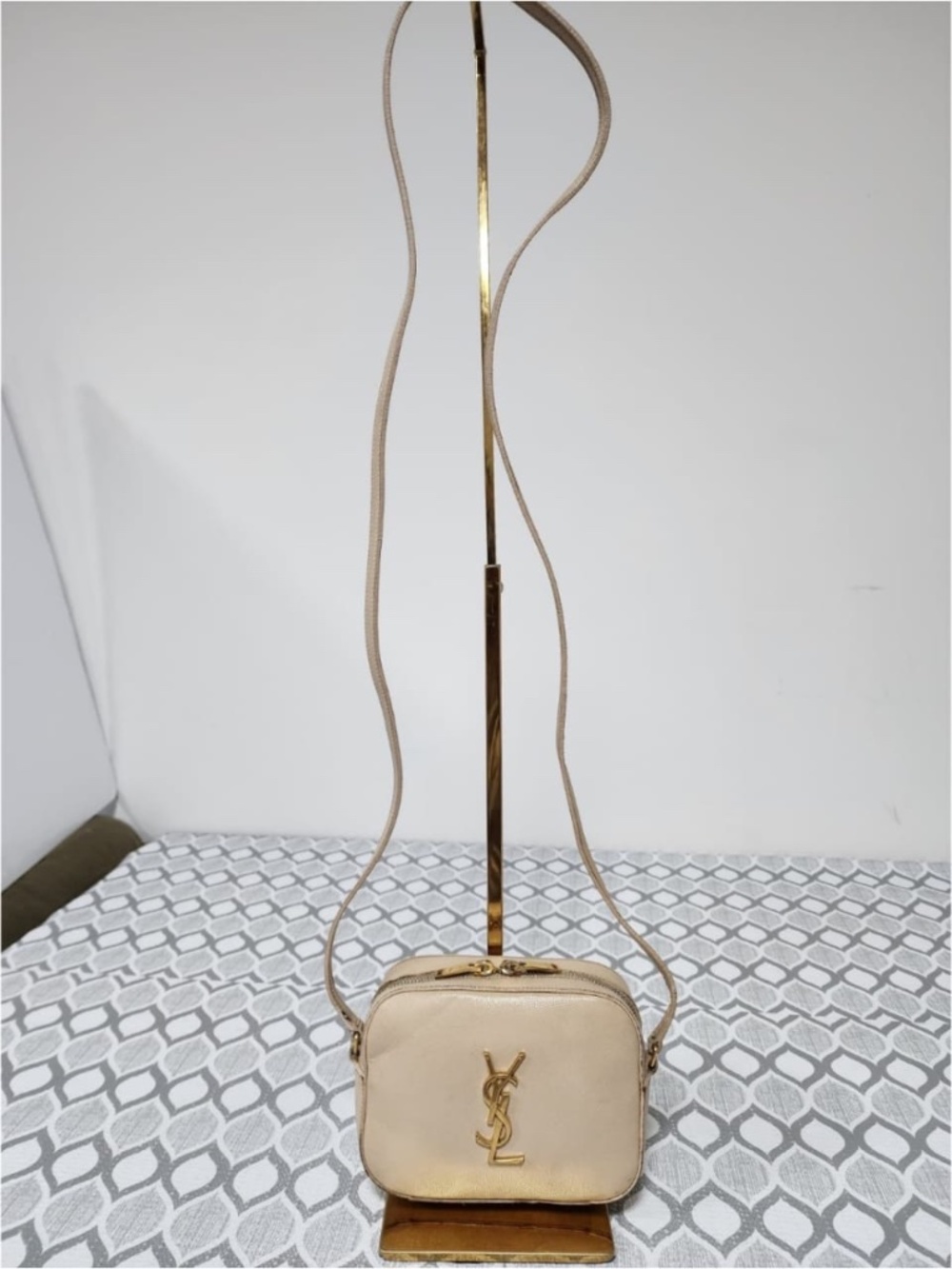 Authentic YVES SAINT LAURENT Grain Leather Monogram Small Camera Bag Beige
